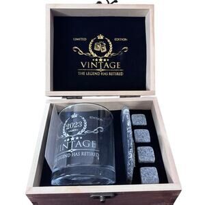 Whiskey Etched Glass Set - Includes Coaster Stones & Beautiful Wood Box 2023